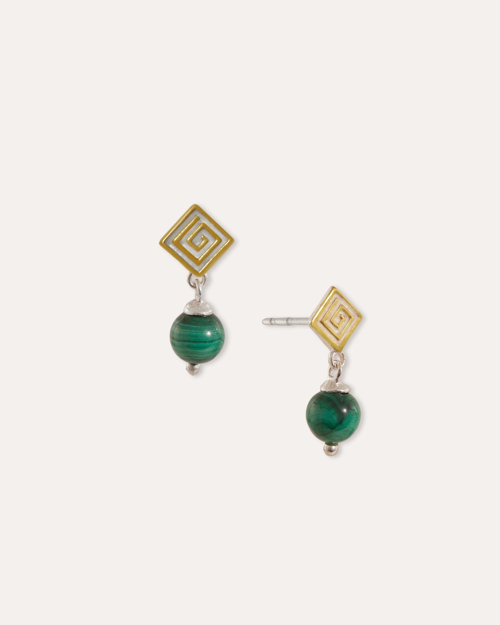 Greek Key Malachite Silver Drop Stud Earrings | Sustainable Jewellery by Ottoman Hands