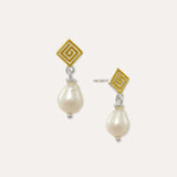 Greek Key Pearl Silver Drop Stud Earrings