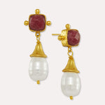 Esmeray Ruby and Pearl Drop Stud Earrings | Sustainable Jewellery by Ottoman Hands