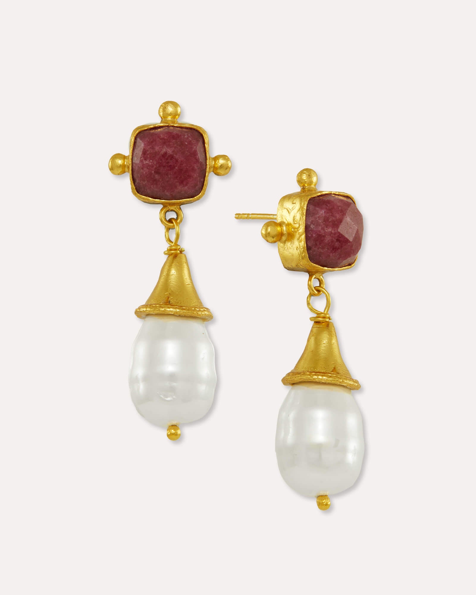 Esmeray Ruby and Pearl Drop Stud Earrings | Sustainable Jewellery by Ottoman Hands