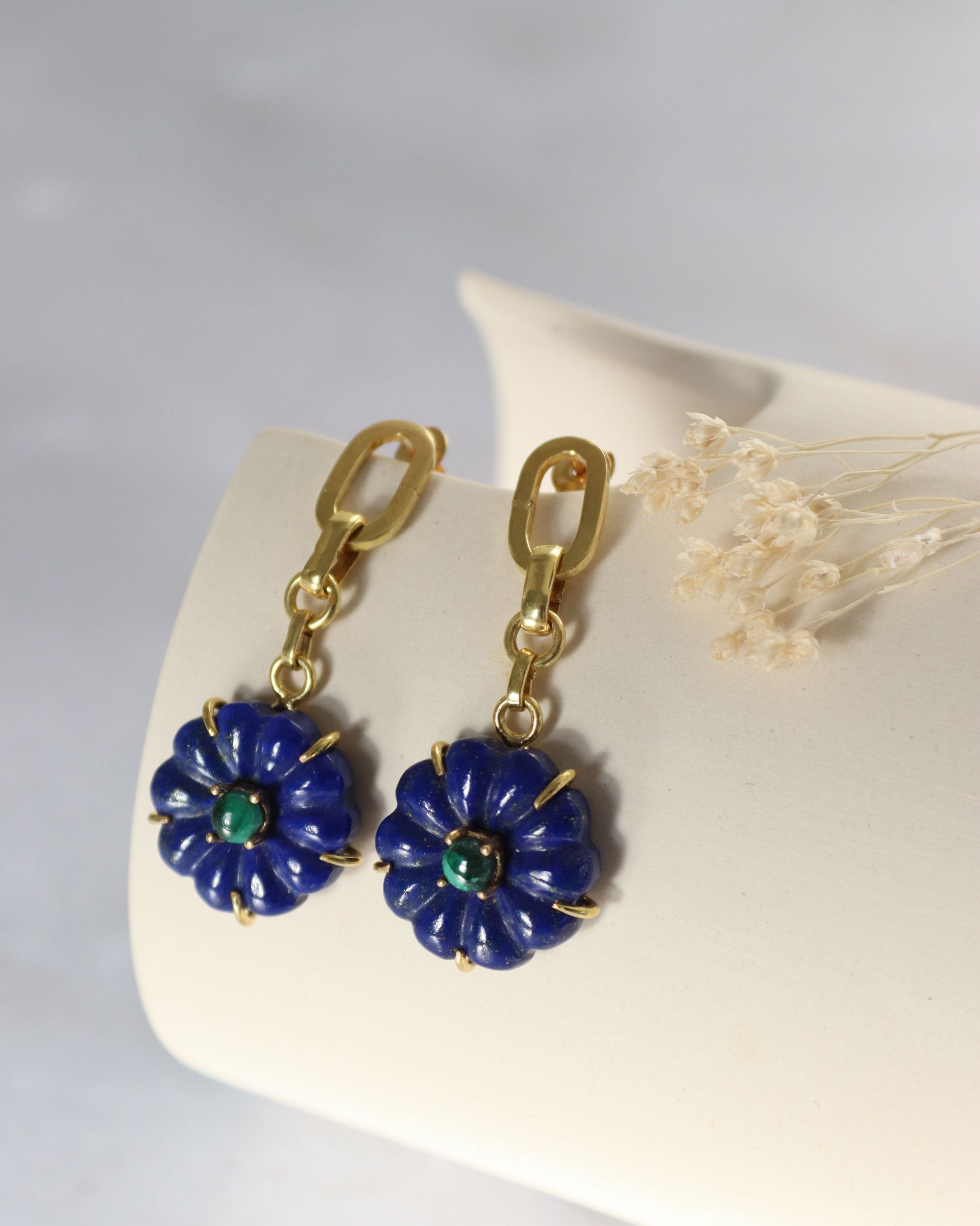 Soraya Lapis and Malachite Flower Drop Chain Earrings | Sustainable Jewellery by Ottoman Hands